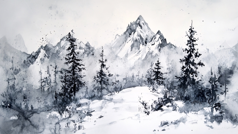 高清大图下载【趣麦麦图】雪山水彩画1