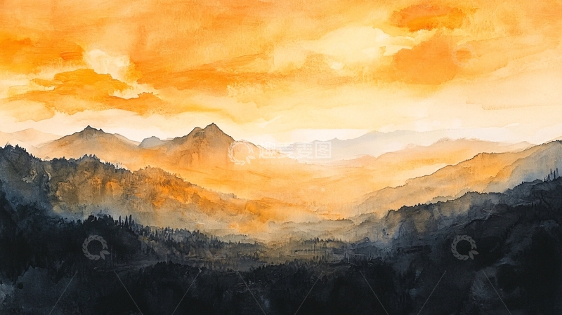 高清大图下载【趣麦麦图】日落水墨画日落群山10