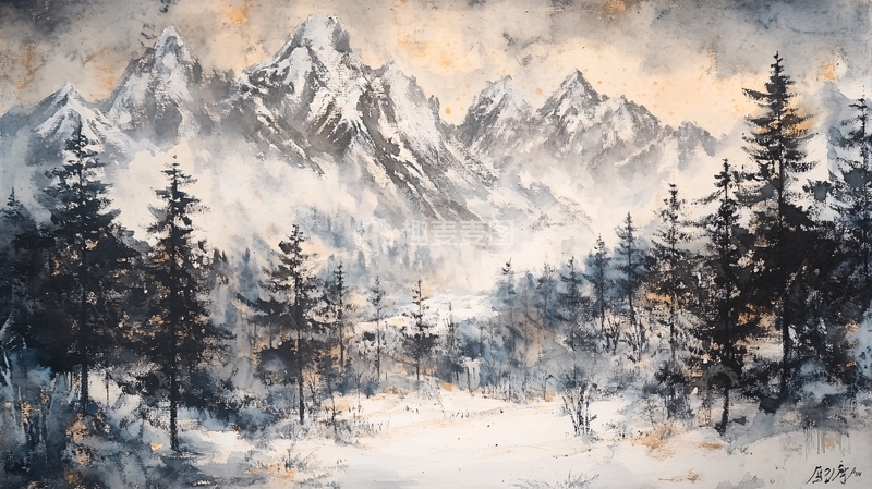 高清大图下载【趣麦麦图】雪山水粉画1