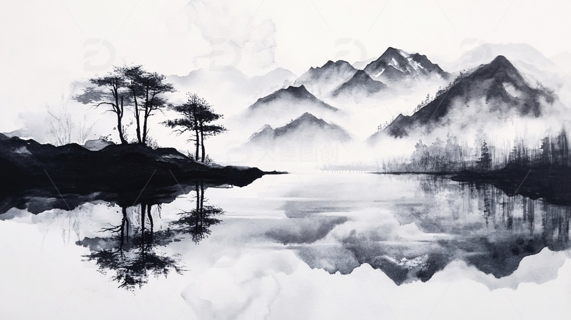 高清大图下载【趣麦麦图】水墨山水倒影禅境2