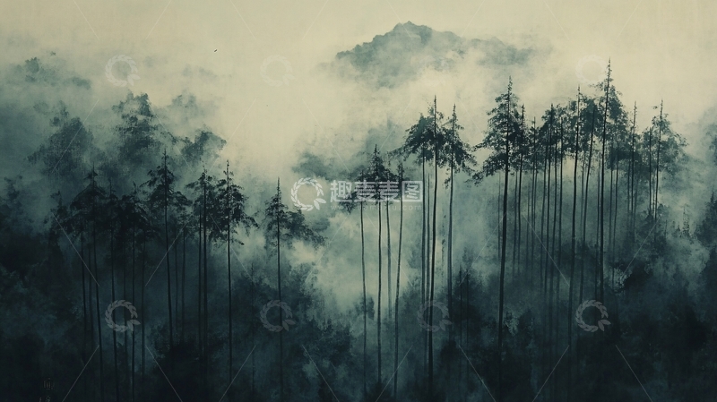 高清大图下载【趣麦麦图】水墨丹青晨雾松林2