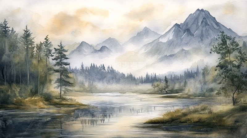 高清大图下载【趣麦麦图】远山水彩画