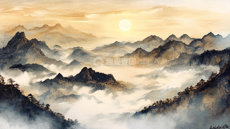 高清大图下载【趣麦麦图】日出山水画1
