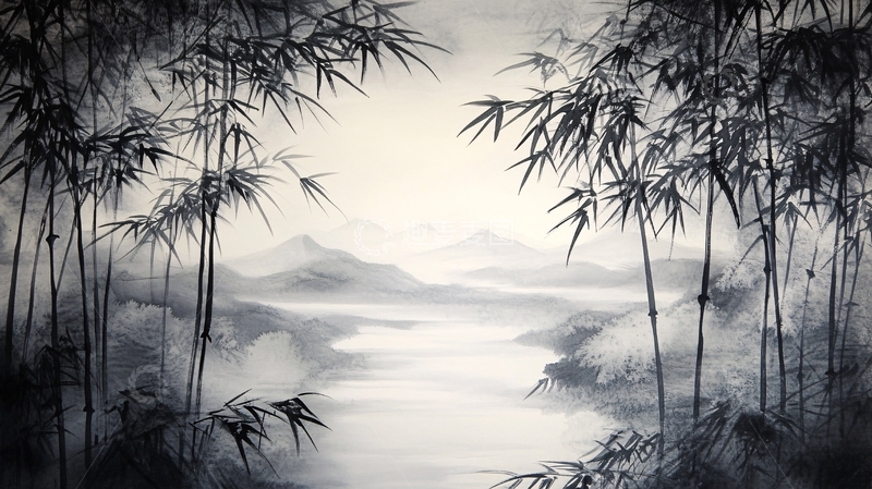 高清大图下载【趣麦麦图】新中式竹林山水装饰画1
