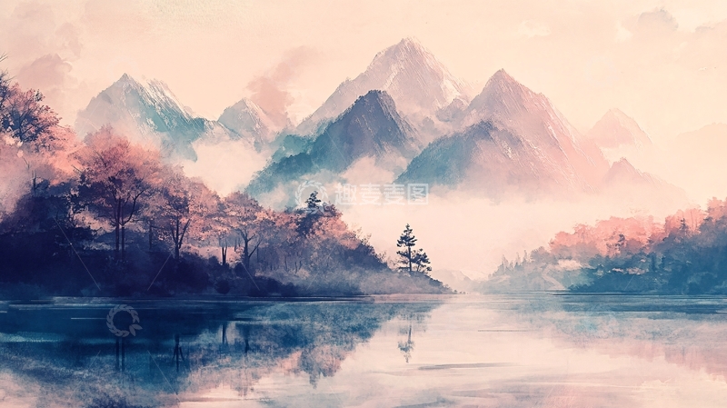 高清大图下载【趣麦麦图】雨后朦胧山水禅意画3