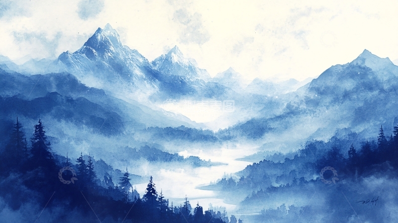 高清大图下载【趣麦麦图】远山水彩画1