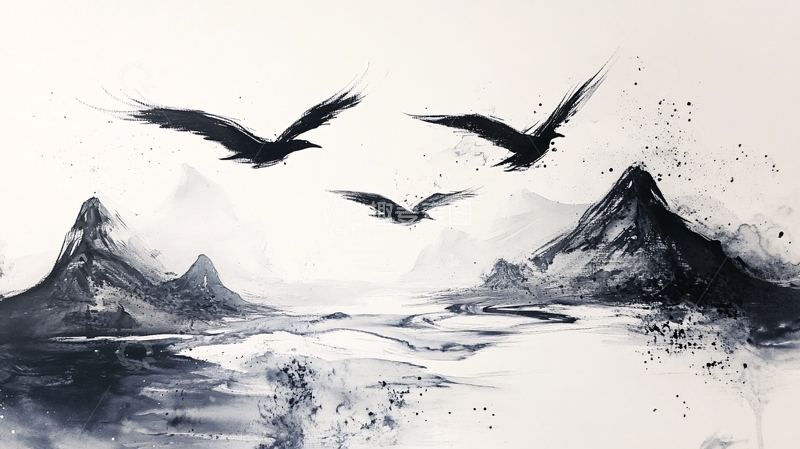 高清大图下载【趣麦麦图】飞鸟水墨山水8