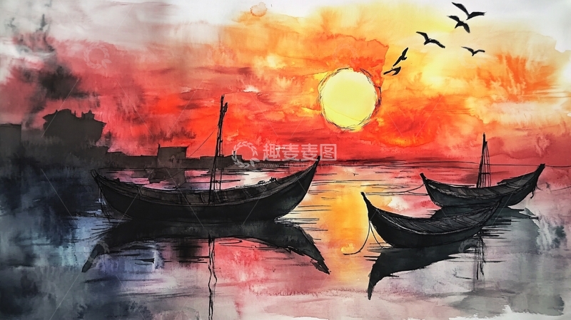 高清大图下载【趣麦麦图】渔舟晚墨绘