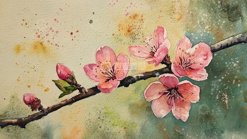 高清大图下载【趣麦麦图】桃花水彩画2