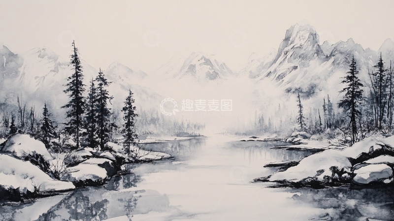 高清大图下载【趣麦麦图】雪山水粉画2