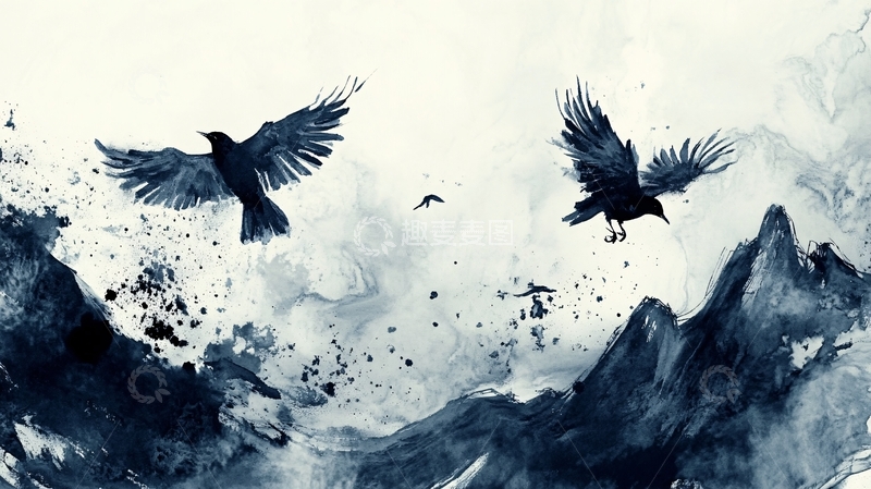 高清大图下载【趣麦麦图】飞鸟水墨山水7