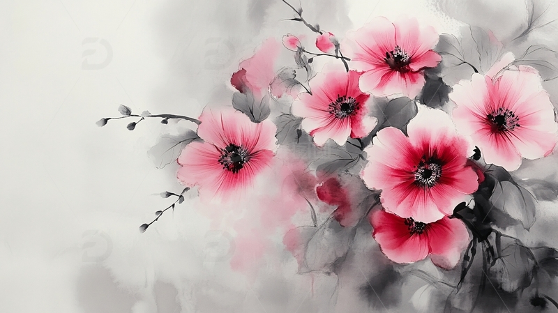 高清大图下载【趣麦麦图】水墨扶桑花