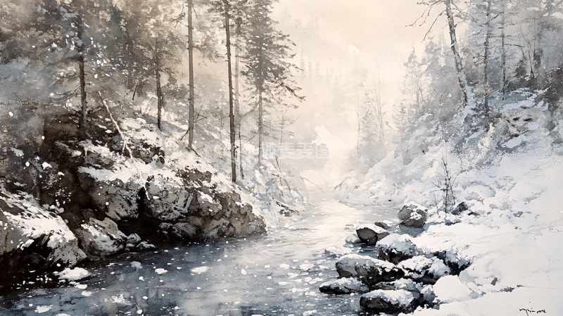 高清大图下载【趣麦麦图】电脑油画冬天不冻河7