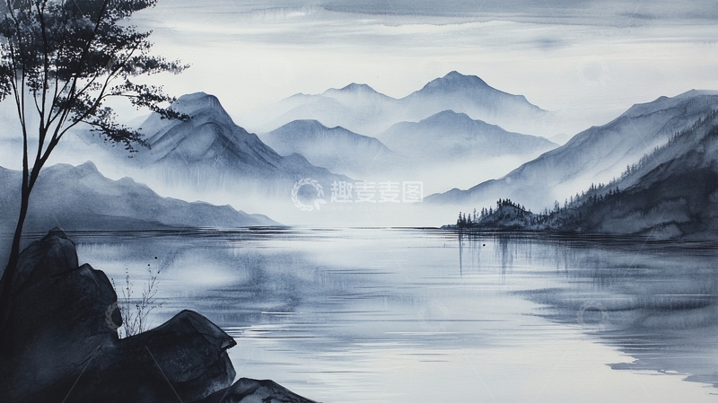 高清大图下载【趣麦麦图】水墨数字画山水画壁纸12