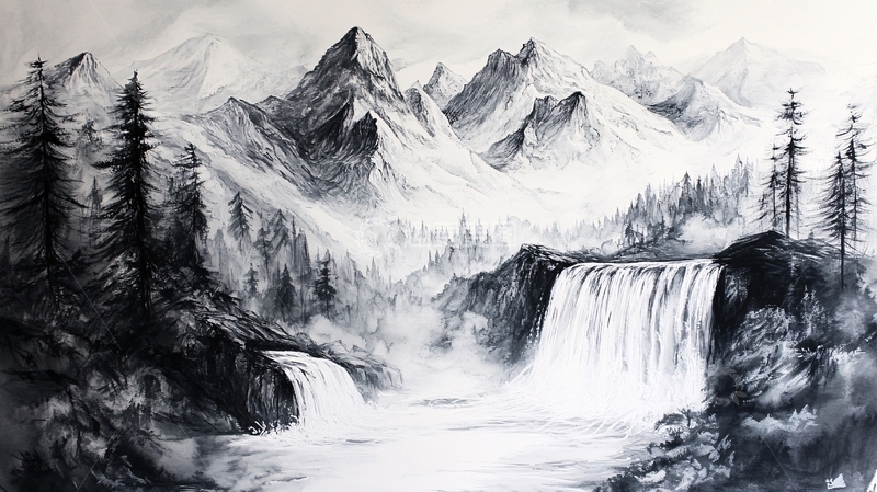 高清大图下载【趣麦麦图】瀑布山景画