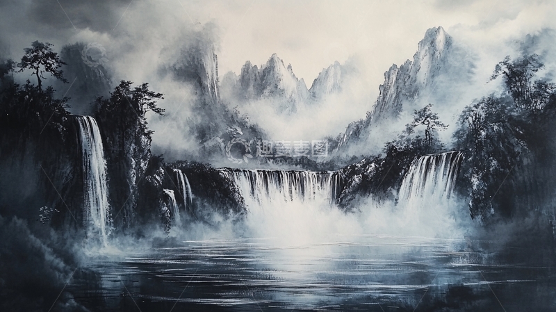 高清大图下载【趣麦麦图】山水风景油画瀑布24
