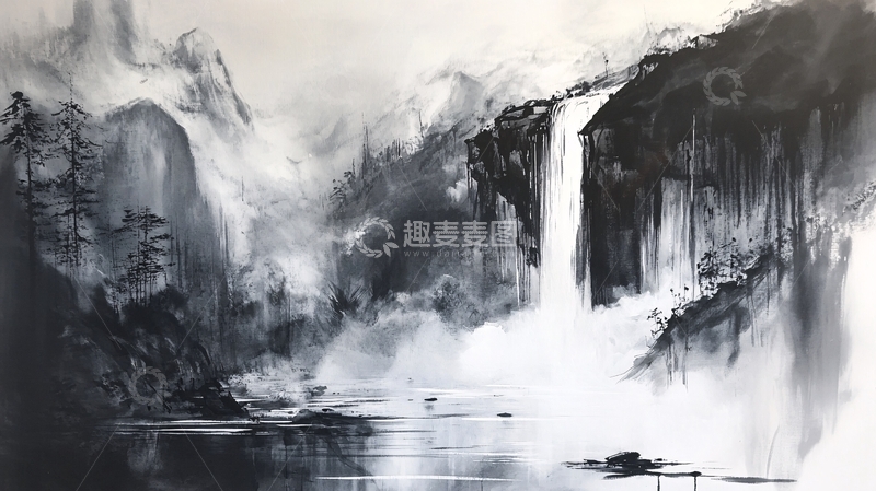 高清大图下载【趣麦麦图】意境水墨山水瀑布3