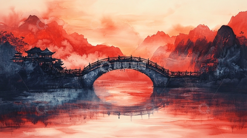 高清大图下载【趣麦麦图】插画横店水彩水墨山水4