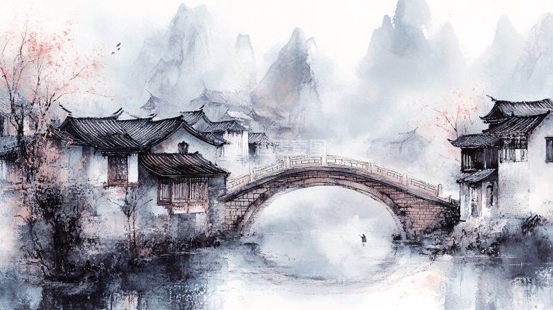 高清大图下载【趣麦麦图】烟雨江南古风山水插画2