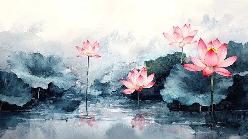 高清大图下载【趣麦麦图】意境风景画水彩荷花15