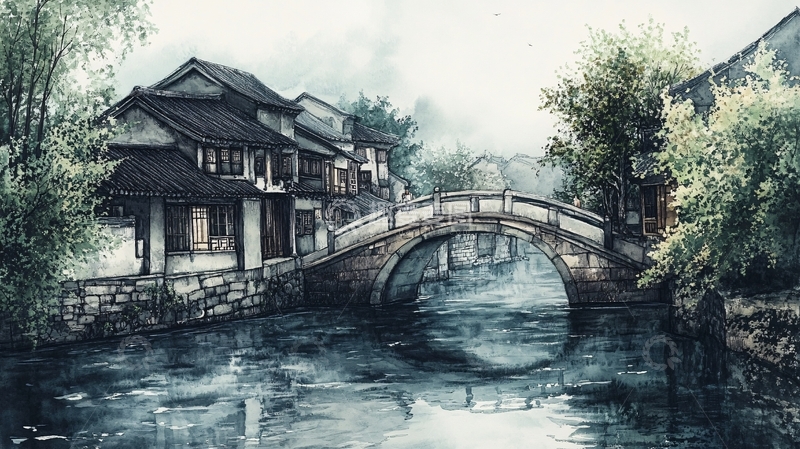 高清大图下载【趣麦麦图】古桥插画3