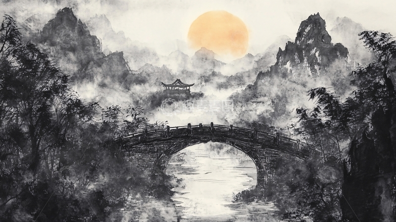 高清大图下载【趣麦麦图】旭日东升楼阁山水画4