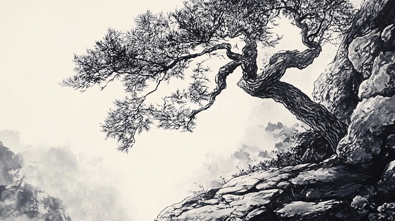 高清大图下载【趣麦麦图】迎客松水墨写意画