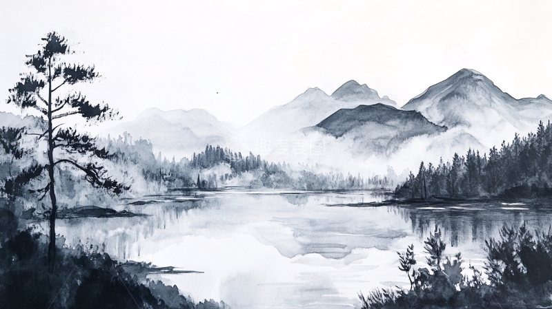 高清大图下载【趣麦麦图】湖景水墨画