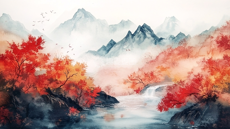 高清大图下载【趣麦麦图】红叶古风山水画17