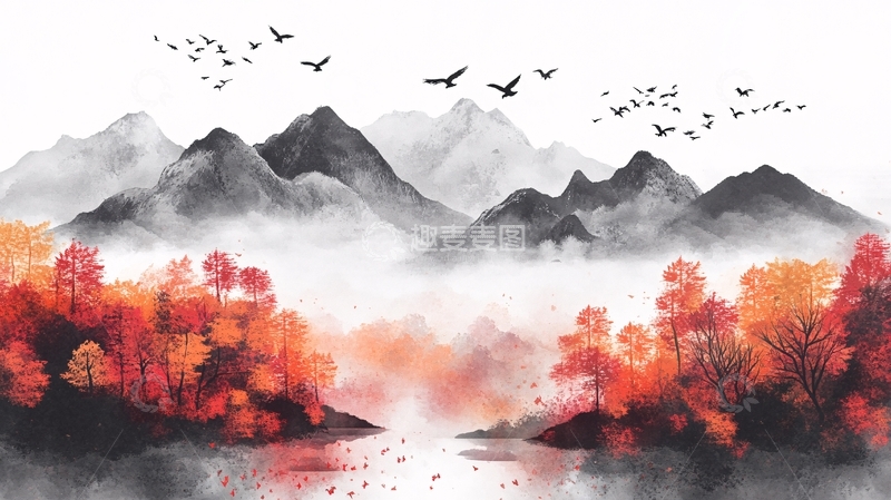 高清大图下载【趣麦麦图】红叶古风山水画19