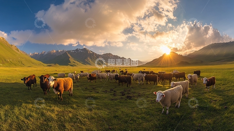 高清大图下载【趣麦麦图】草原牧场傍晚牛群
