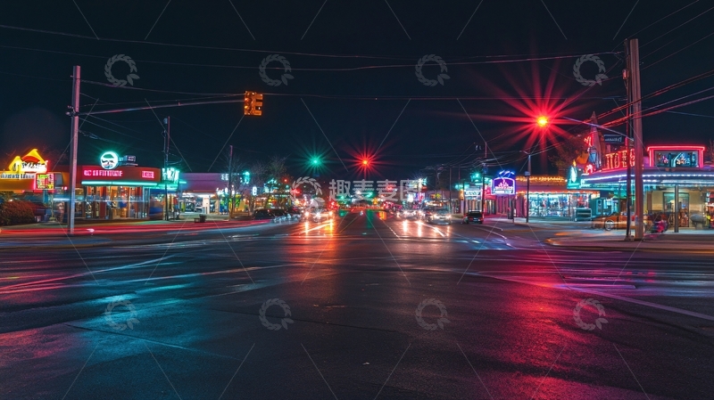 高清大图下载【趣麦麦图】夜晚城市红绿灯路口1