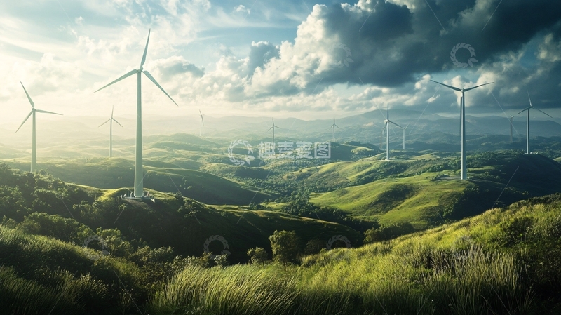 高清大图下载【趣麦麦图】绿色群山风力发电
