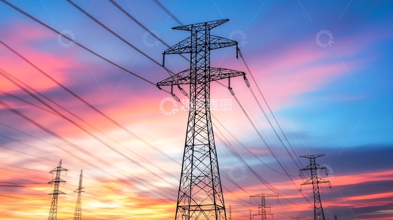 高清大图下载【趣麦麦图】晚霞中的高压线杆1