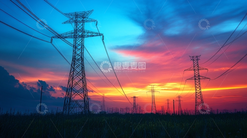 高清大图下载【趣麦麦图】晚霞中的高压线杆2