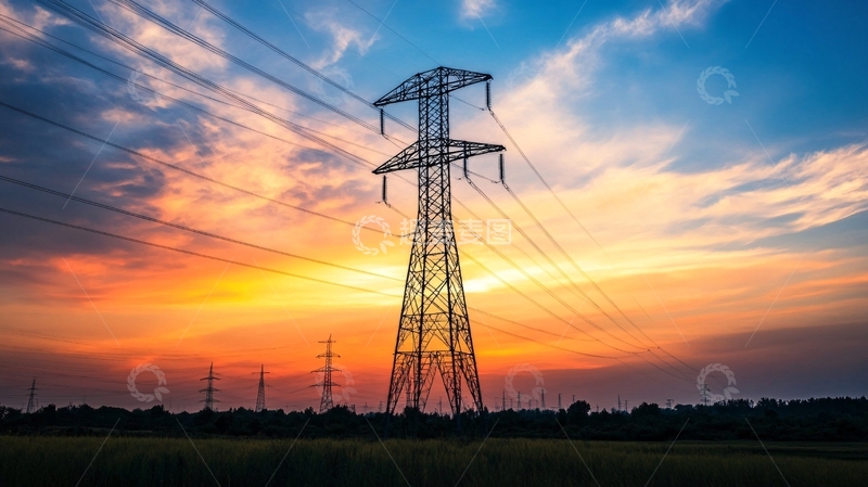 高清大图下载【趣麦麦图】晚霞中的高压线杆3