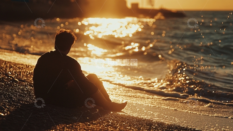 高清大图下载【趣麦麦图】蹲在海边的人
