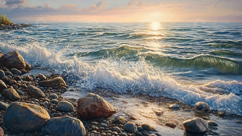 高清大图下载【趣麦麦图】阳光夕阳太阳岩石岸边5