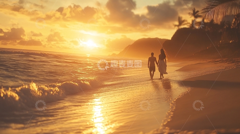 高清大图下载【趣麦麦图】海边漫步的情侣