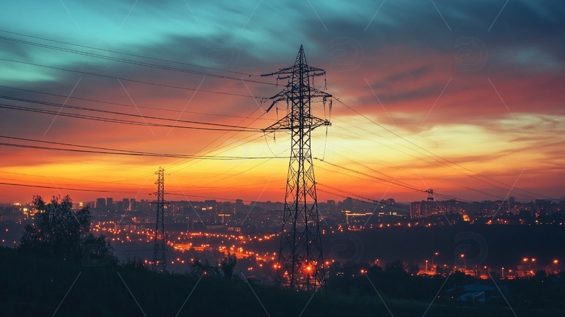 高清大图下载【趣麦麦图】晚霞映电网