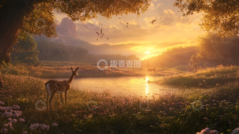 高清大图下载【趣麦麦图】阳光与长生鹿