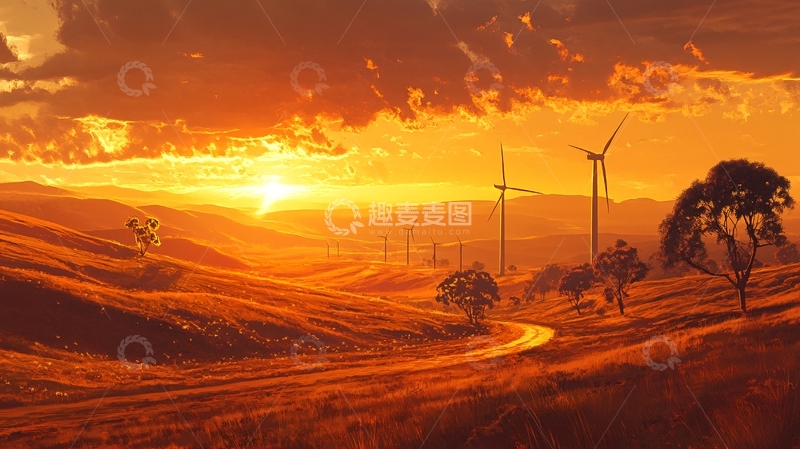 高清大图下载【趣麦麦图】草原落日风车