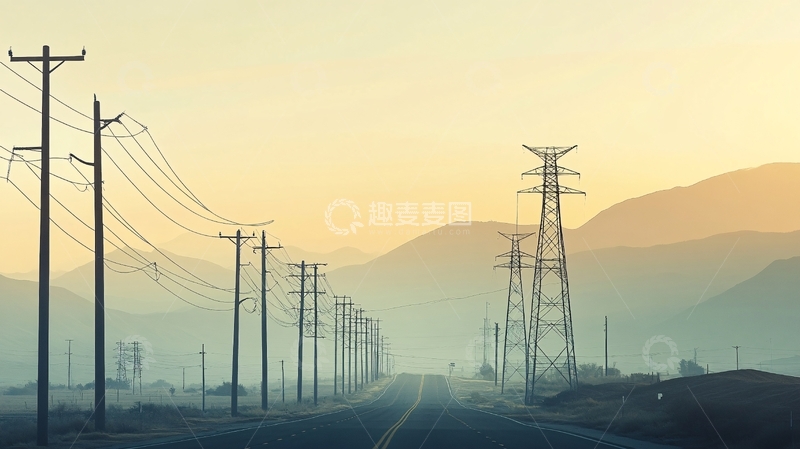 高清大图下载【趣麦麦图】荒漠高压线骄阳