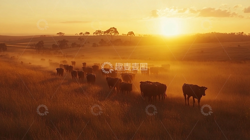 高清大图下载【趣麦麦图】清晨太阳牛群乡村2