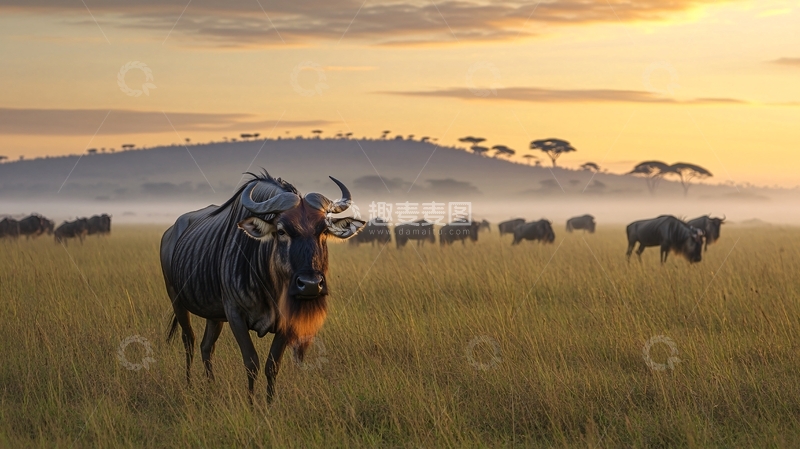 高清大图下载【趣麦麦图】夕阳水牛2