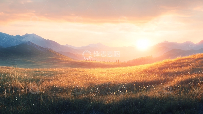 高清大图下载【趣麦麦图】山地丘陵草场夕阳2