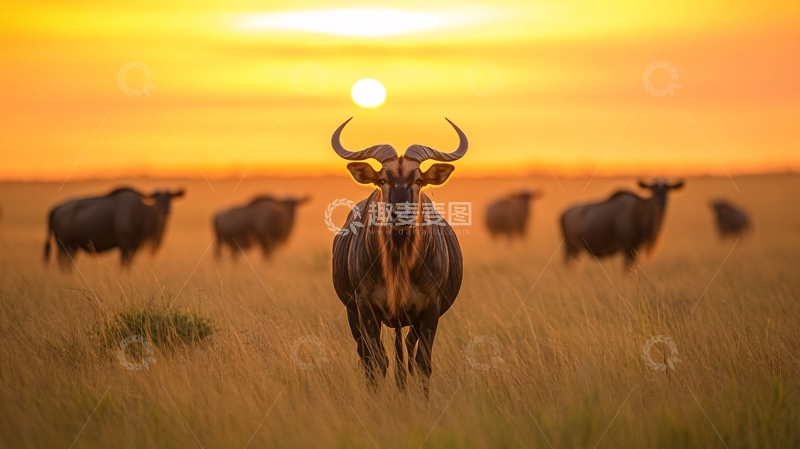 高清大图下载【趣麦麦图】夕阳水牛4