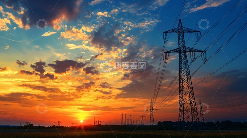 高清大图下载【趣麦麦图】电网蓝天晚霞1