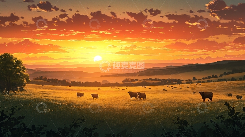 高清大图下载【趣麦麦图】清晨太阳牛群乡村4