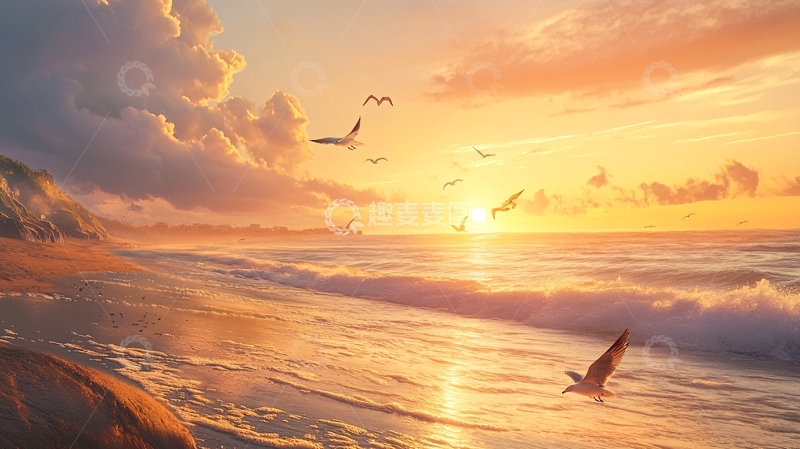 高清大图下载【趣麦麦图】海边夕阳落日余晖背景14